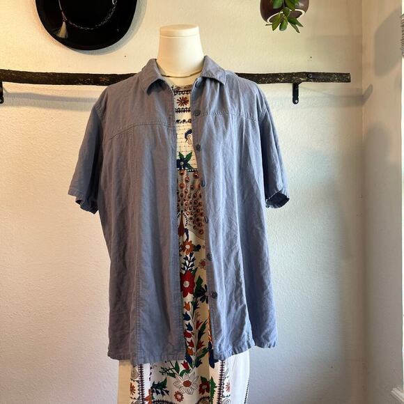 Vintage 90s Blue Textured Silk Button Front Short Sleeve Oversized Shirt Size XL - Picture 1 of 9